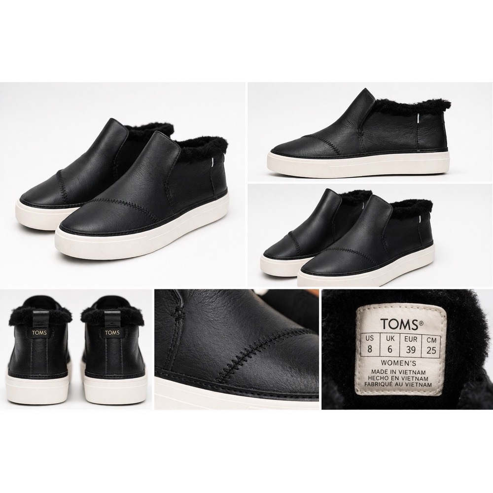 TOMS Women's Size 8 Black Leather Faux Fur Lined Slip On Sneaker Booties
